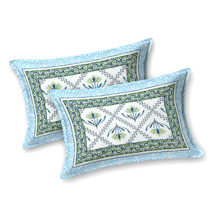 Blue & Green Floral Vines Cotton Bedsheet Set – Elegant Ethnic Look