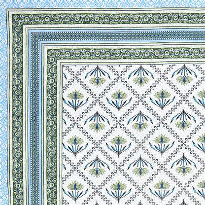 Blue & Green Floral Vines Cotton Bedsheet Set – Elegant Ethnic Look