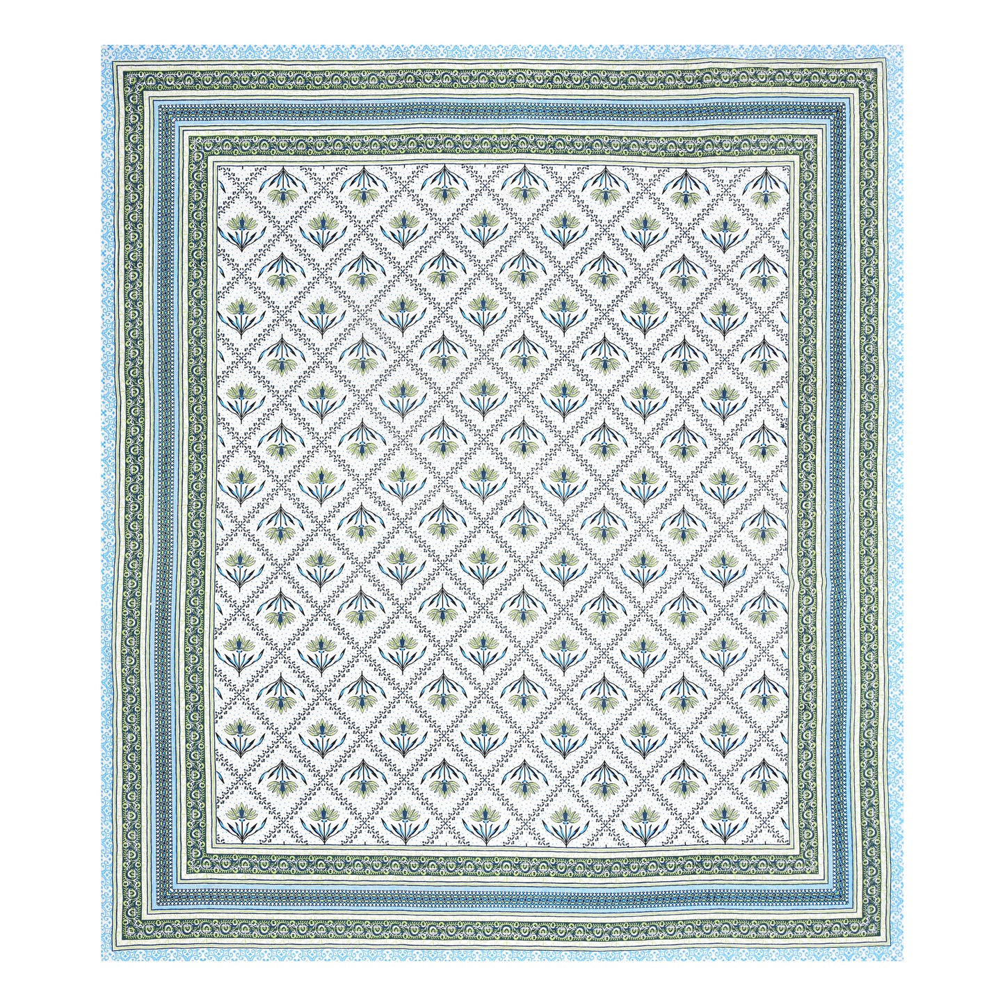 Blue & Green Floral Vines Cotton Bedsheet Set – Elegant Ethnic Look