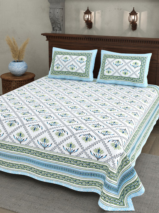 Blue & Green Floral Vines Cotton Bedsheet Set – Elegant Ethnic Look