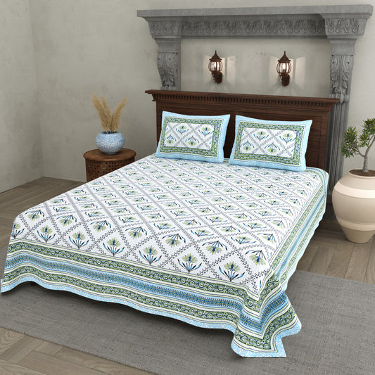 Blue & Green Floral Vines Cotton Bedsheet Set – Elegant Ethnic Look