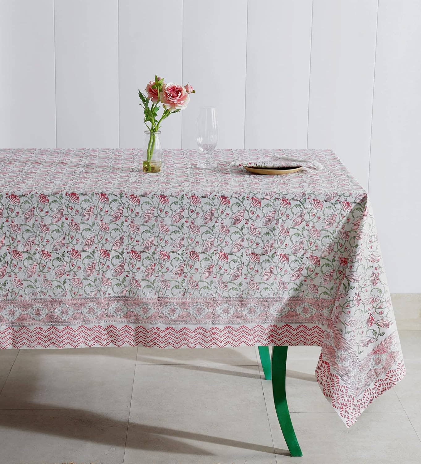 White Red Merry Hand Block Printed Dining Table Cloth