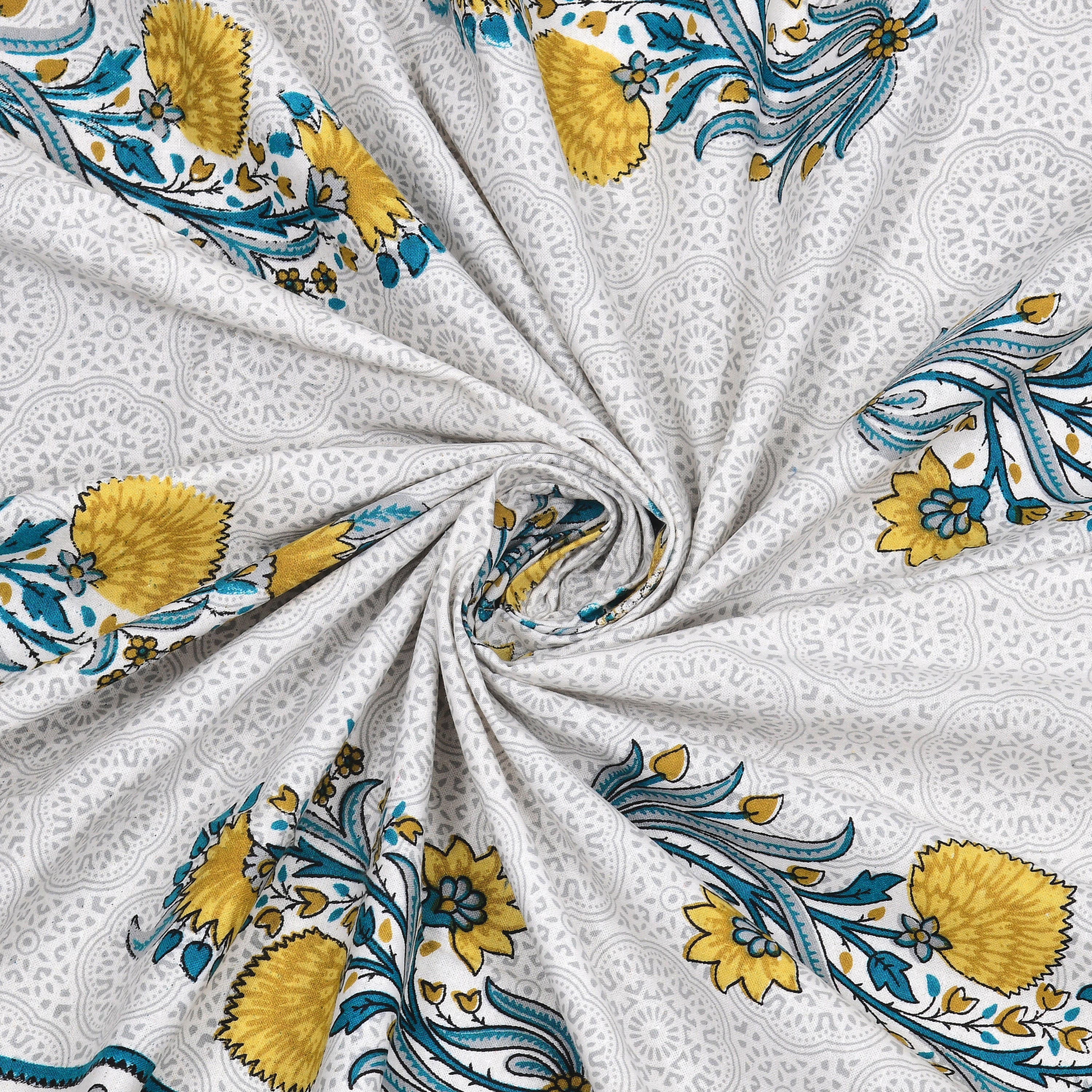 Yellow and Blue Floral Cotton Single Bedsheet