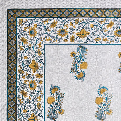Yellow and Blue Floral Cotton Single Bedsheet