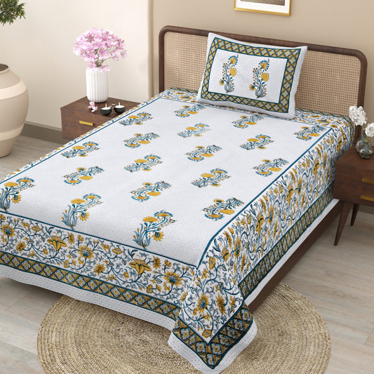 Yellow and Blue Floral Cotton Single Bedsheet