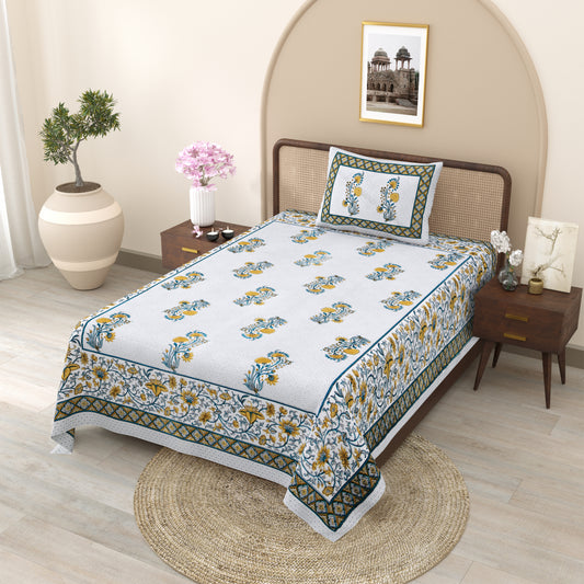 Yellow and Blue Floral Cotton Single Bedsheet