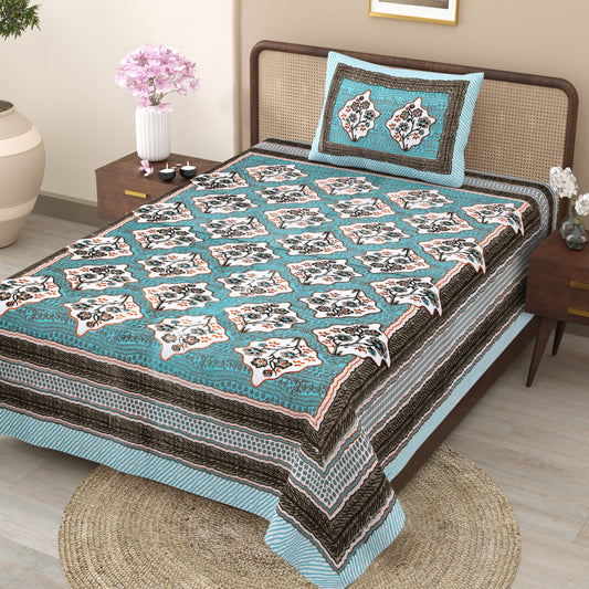 Regal Blossom Frame Aqua Teal Single Bedsheet