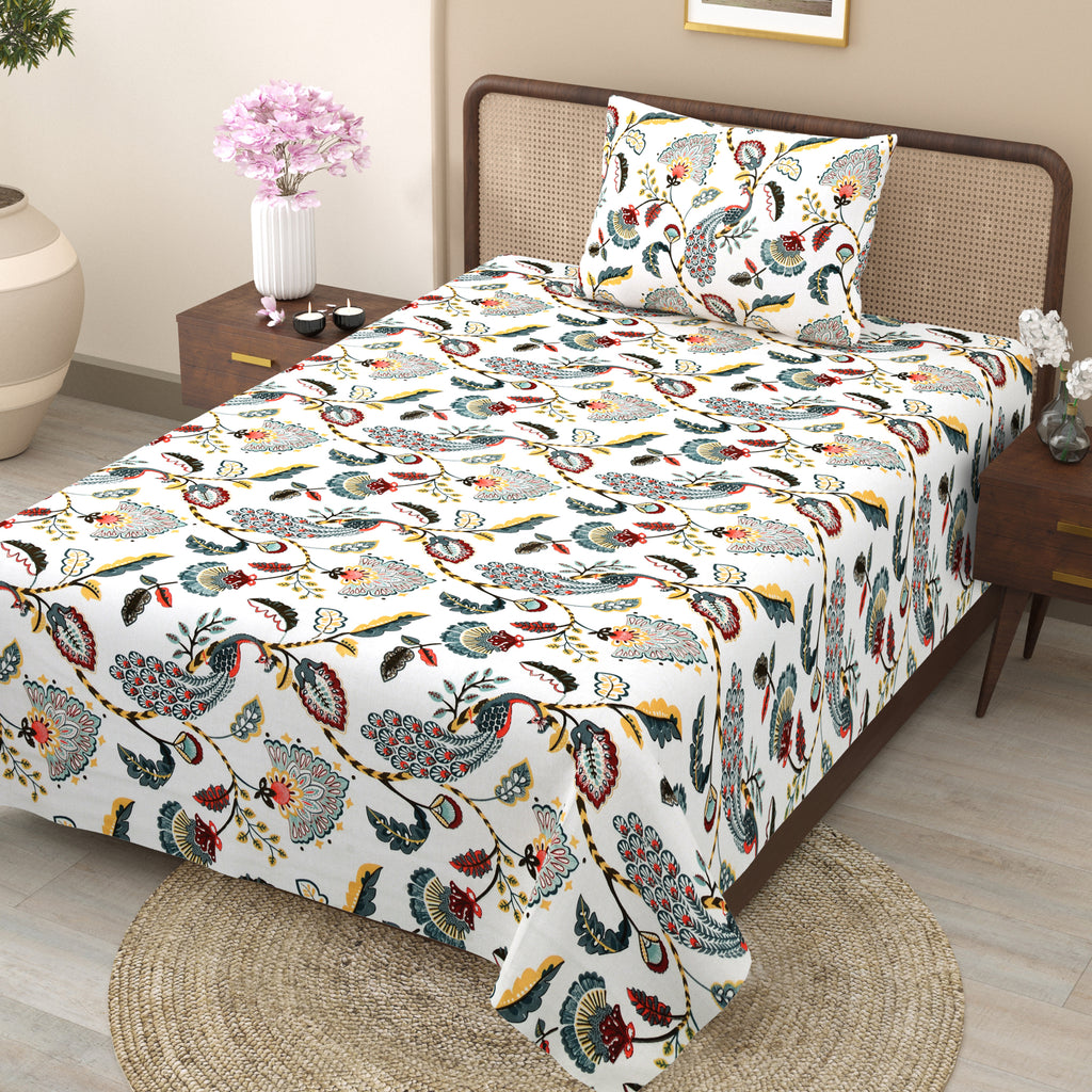 Teal Peacock & Floral Single Bedsheet