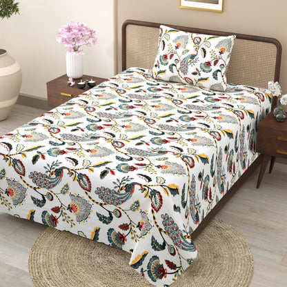 Teal Peacock & Floral Single Bedsheet