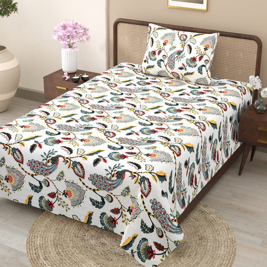 Teal Peacock & Floral Single Bedsheet