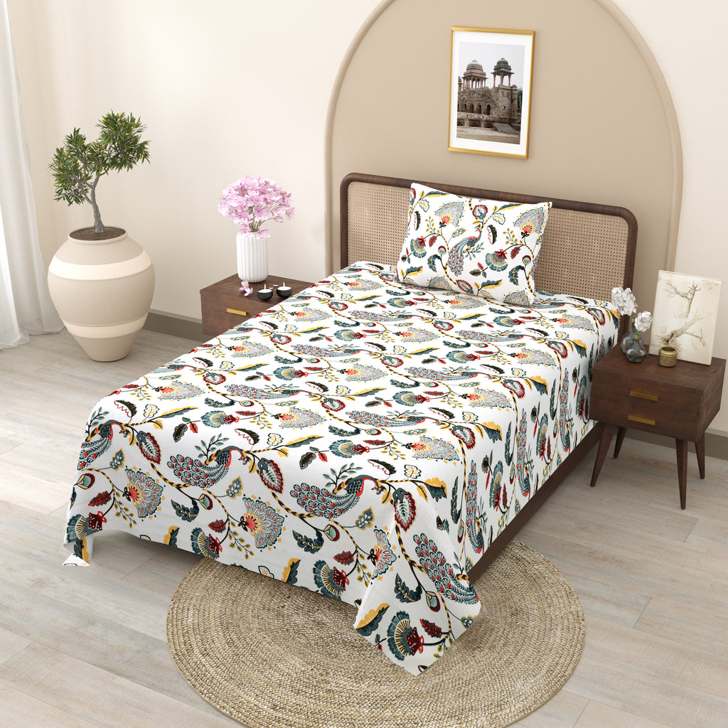 Teal Peacock & Floral Single Bedsheet