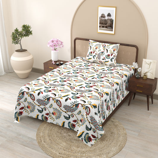 Teal Peacock & Floral Single Bedsheet