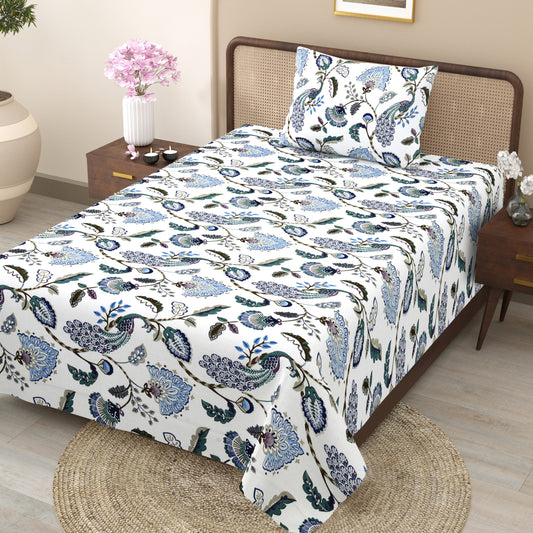 Blue Peacock & Floral Single Bedsheet