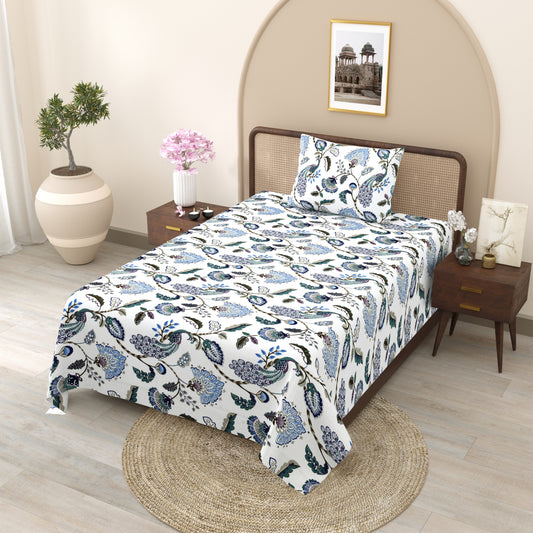 Blue Peacock & Floral Single Bedsheet