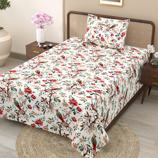 Red Blossom Bird & Floral Single Bedsheet