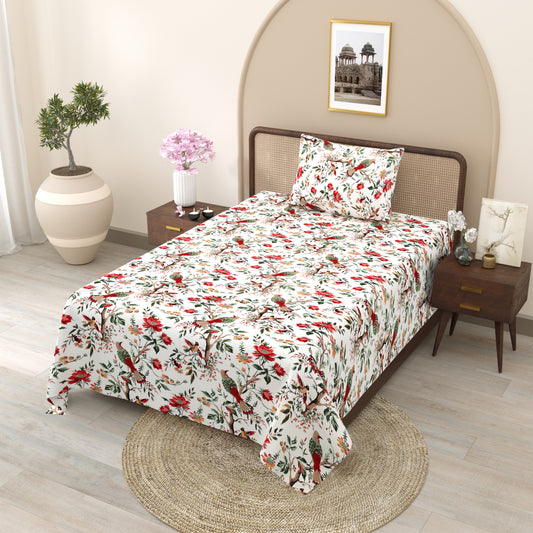 Red Blossom Bird & Floral Single Bedsheet