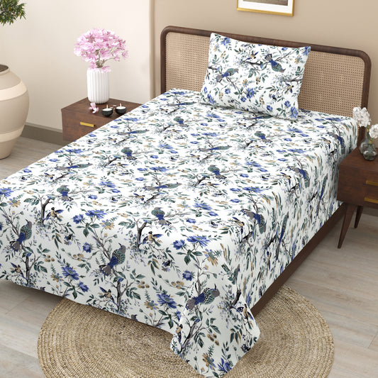 Blue Blossom Bird & Floral Single Bedsheet