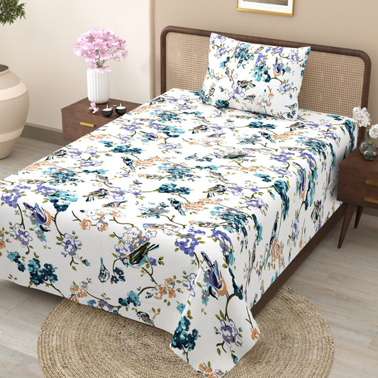 Spring Melody Cotton Single Bedsheet – White Floral Print with Birds