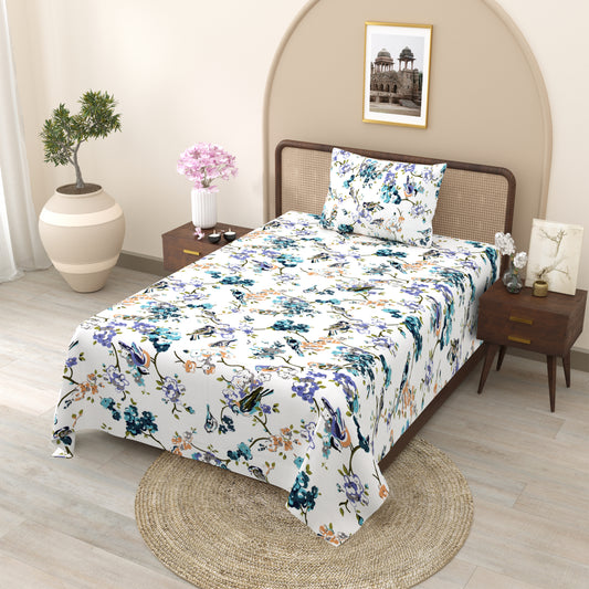 Spring Melody Cotton Single Bedsheet – White Floral Print with Birds