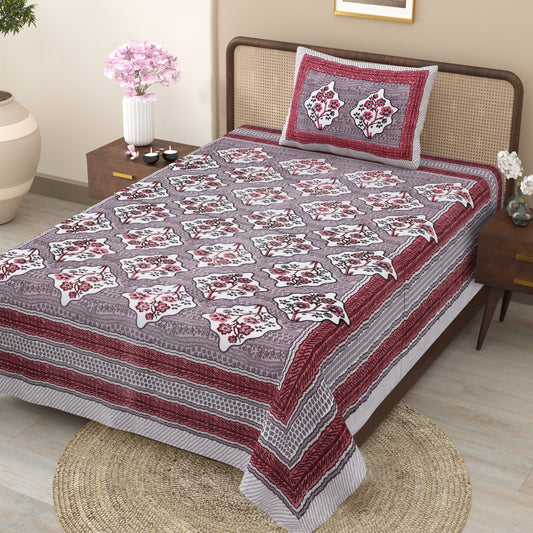 Regal Blossom Frame Maroon Grey Single Bedsheet