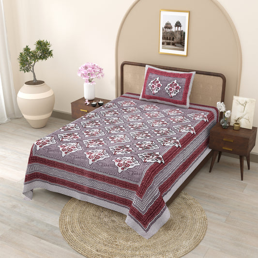 Regal Blossom Frame Maroon Grey Single Bedsheet