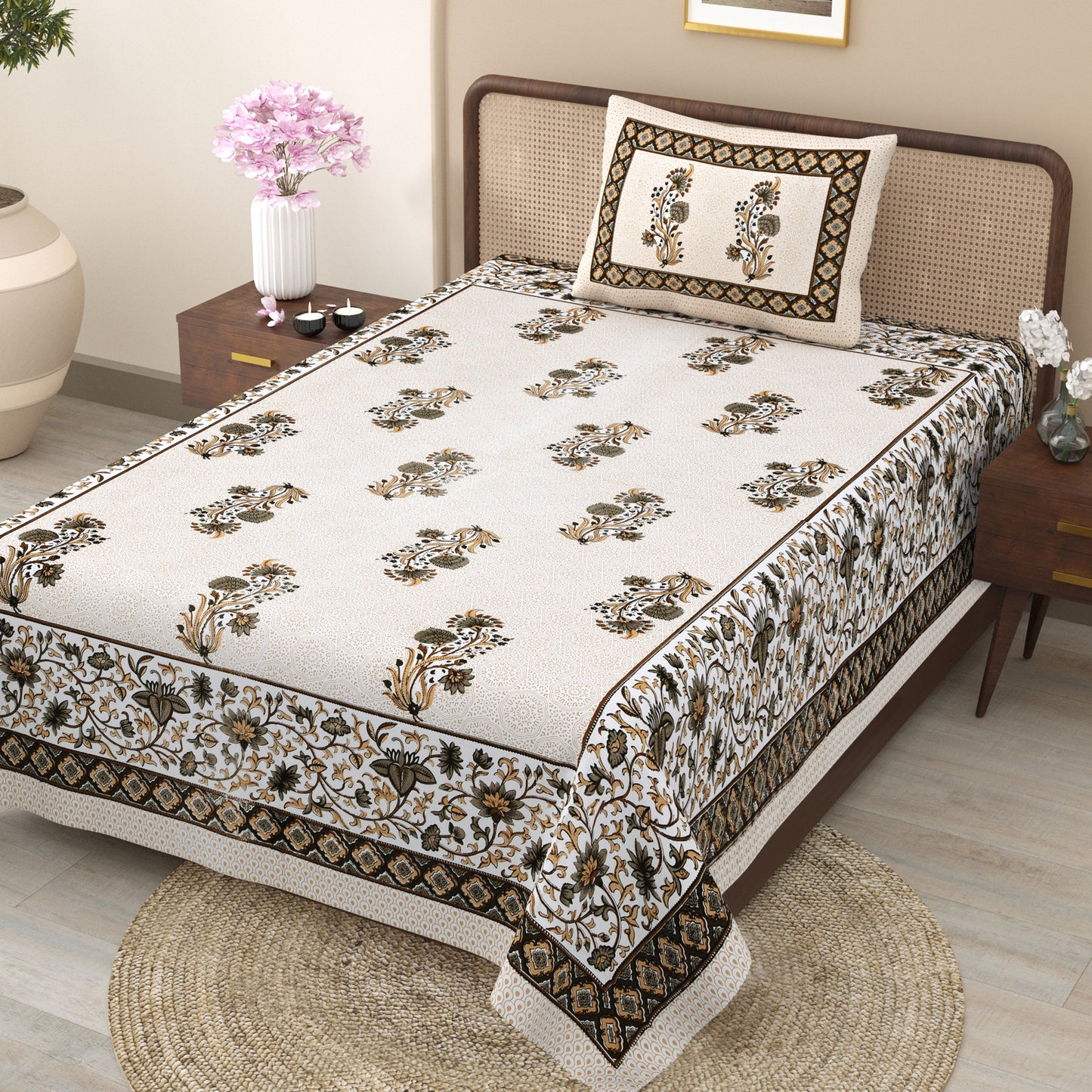 Floral Print Beige Cotton Single Bedsheet