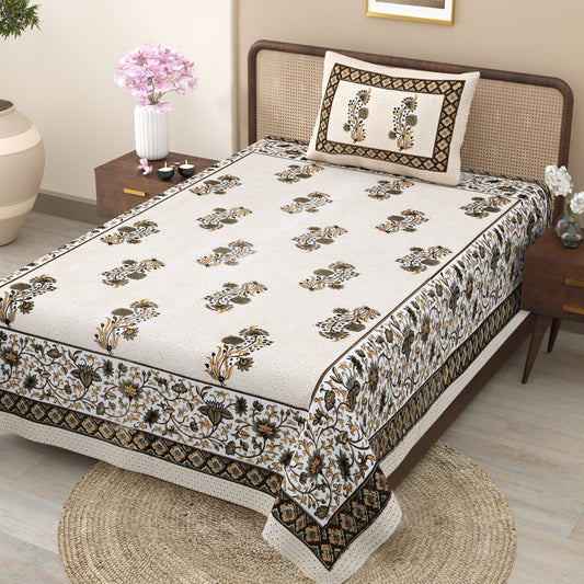 Floral Print Beige Cotton Single Bedsheet