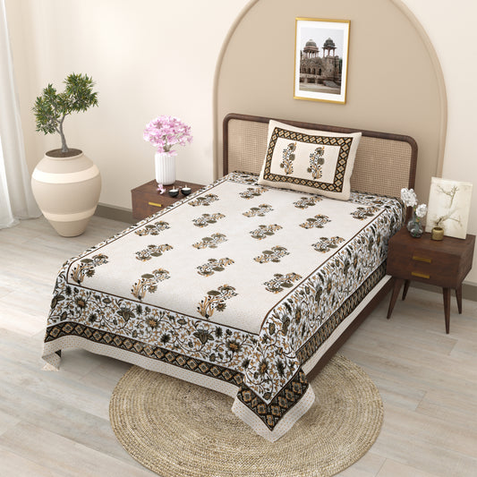 Floral Print Beige Cotton Single Bedsheet